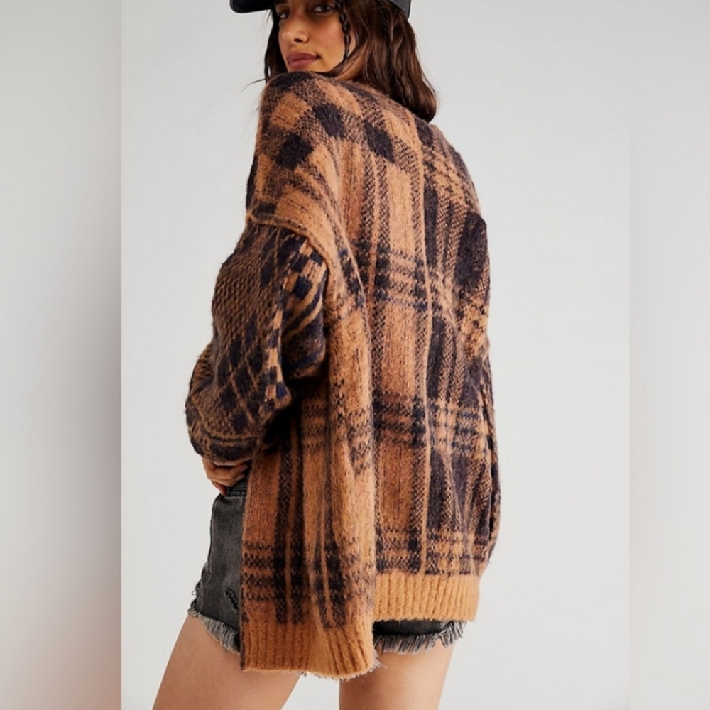 Free People Brown Plaid Sepia Sweater Cardigan in Birchwood Combo